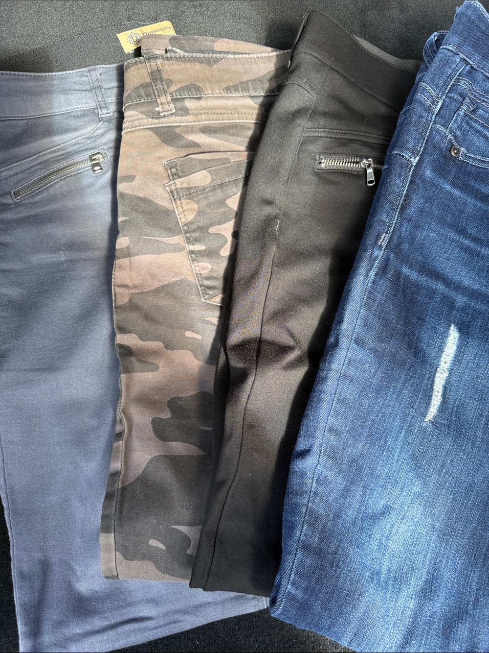 Democracy Women's Jeans Trio in Blue, Black, Camo, and Gray
